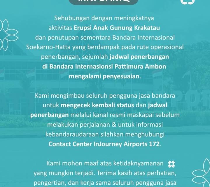 Dampak Erupsi Gunung Anak Krakatau, 8 Penerbangan Rute Jakarta di Bandara Pattimura Ambon Dibatalkan