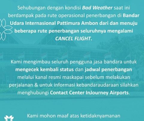 Semua Penerbangan di Bandara Internasional Pattimura Ambon Kembali Dibatalkan