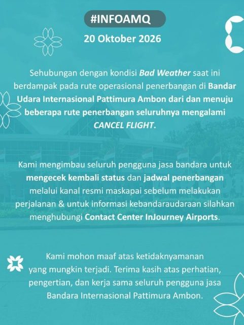Semua Penerbangan di Bandara Internasional Pattimura Ambon Kembali Dibatalkan